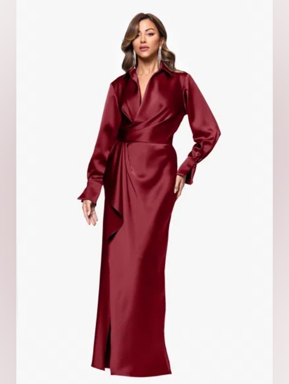 XSCAPE Emery Collared Long Sleeve Satin Gown In Burgundy US 4 Org $289